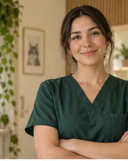 Retrato de la médica veterinaria sonriendo, con uniforme clínico verde, en una consulta luminosa con plantas